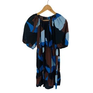 Rails Khloe Blue Black Brown Mini Dress Puff Sleeve Size L Vacation